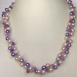 Freshwater Multicolour Round Pearls Silver Chain Mala with ametthyst Chips