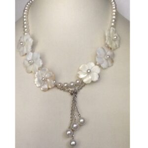 Freshwater White Potato Pearls mala with mother of Pearl Flowers