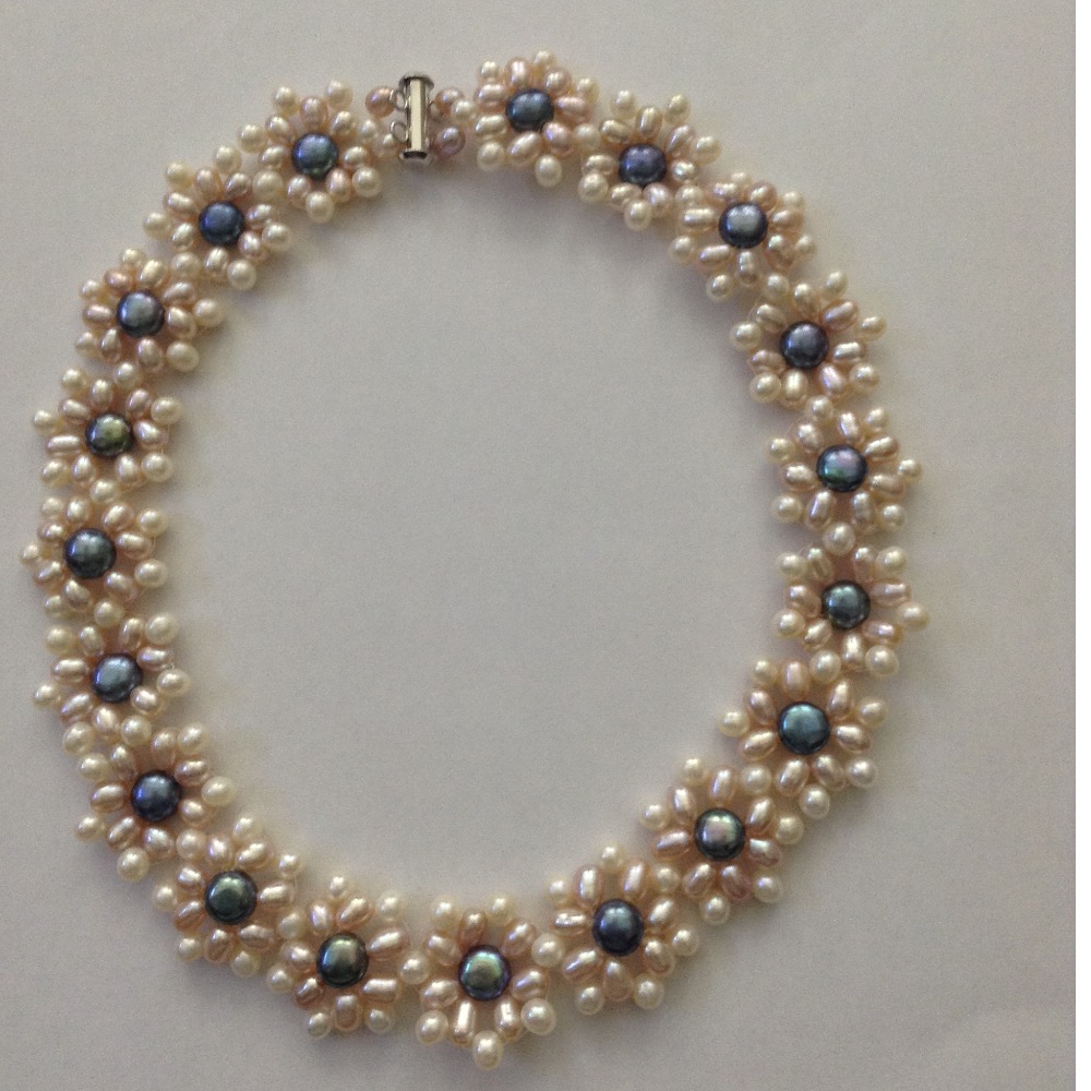 Freshwater Multicolour Oval and Flat Pearls Jaali Flower Necklace - Image 2