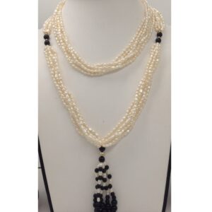 White Rice Pearls Long Necklace With Black Semi Beeds JPM0289