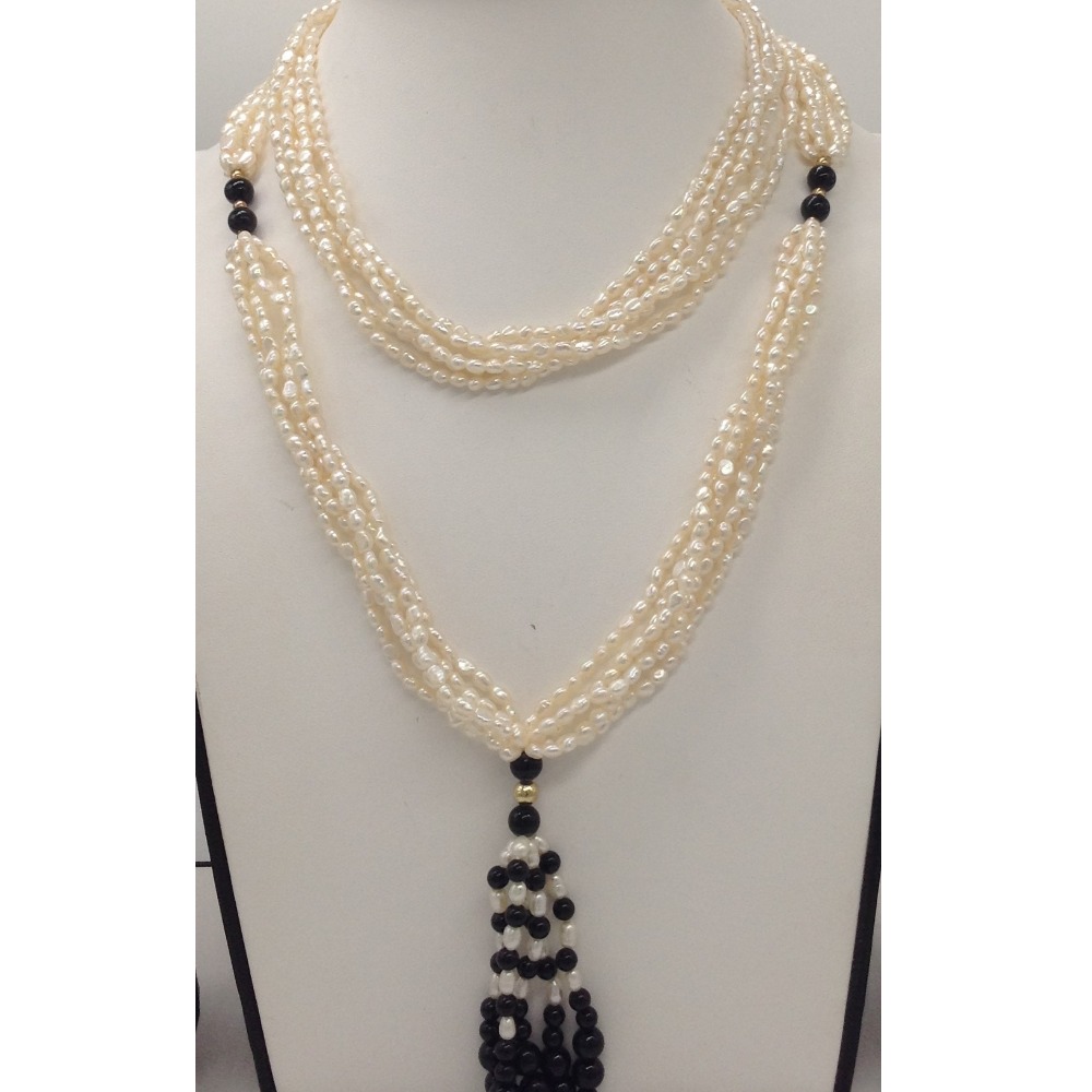 White Rice Pearls Long Necklace With Black Semi Beeds JPM0289