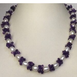 Freshwater White Oval Pearls Mala with Amethyst Flowers