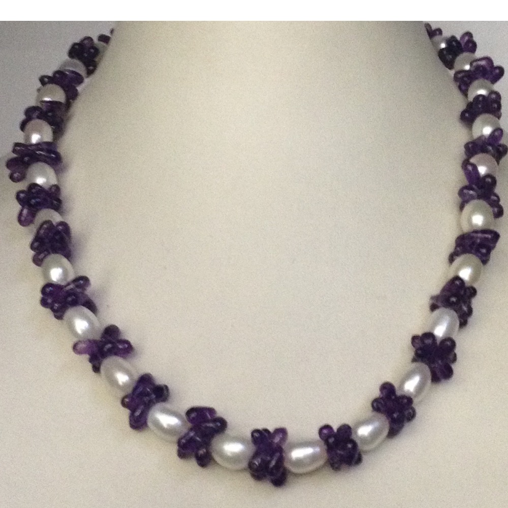 Freshwater White Oval Pearls Mala with Amethyst Flowers