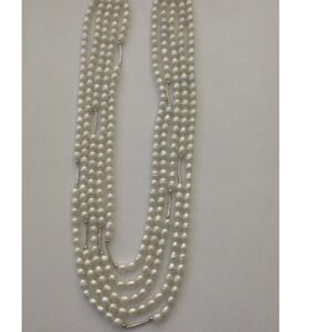White Oval Pearls 5 Layers Necklace With Silver Pipes JPM0280