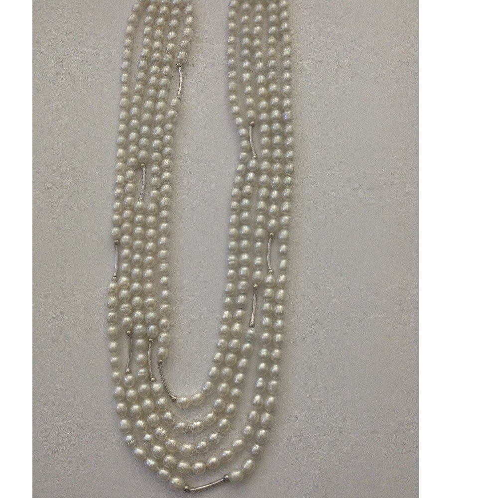 White Oval Pearls 5 Layers Necklace With Silver Pipes JPM0280