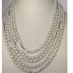 White Oval Pearls 5 Layers Necklace With Silver Pipes JPM0280