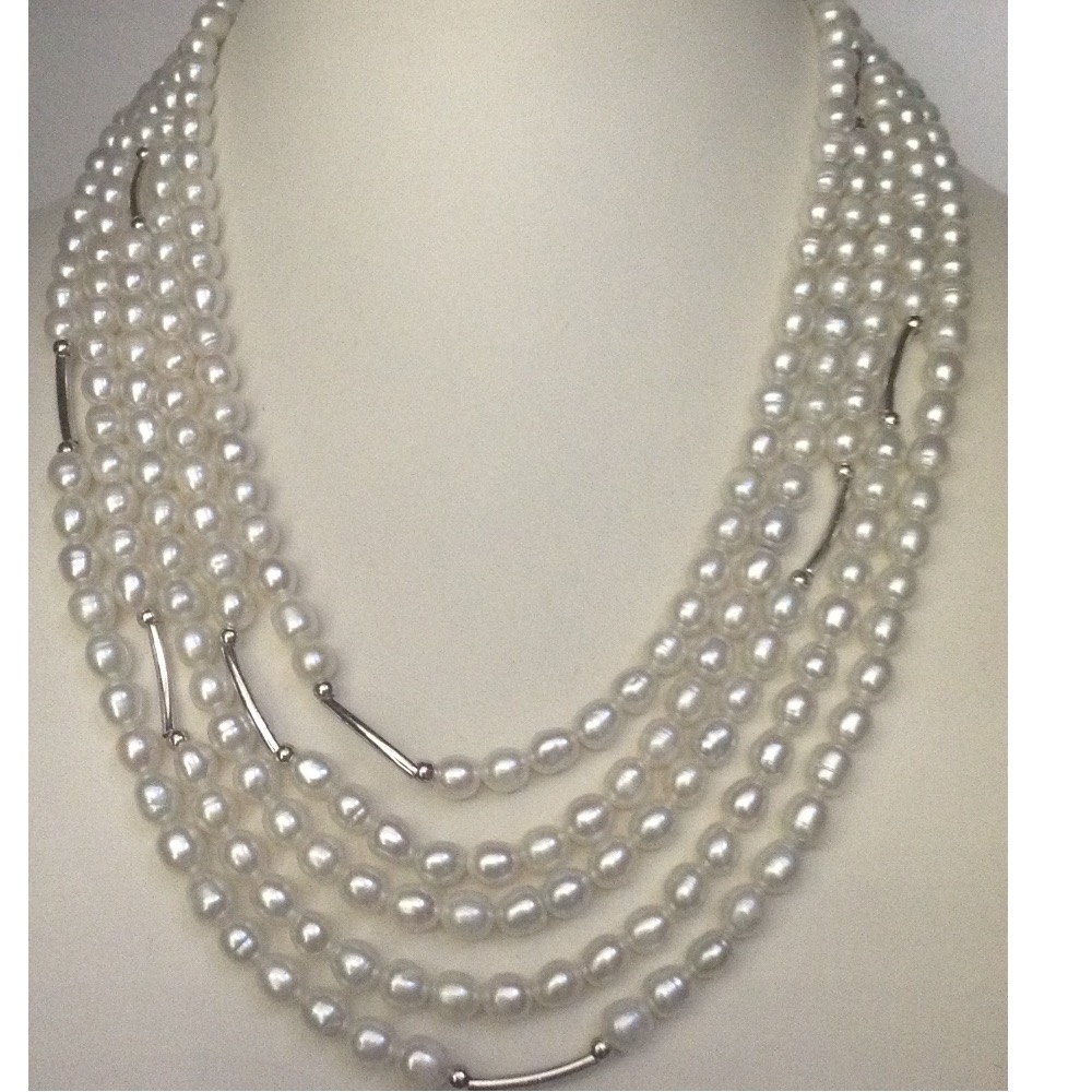 White Oval Pearls 5 Layers Necklace With Silver Pipes JPM0280