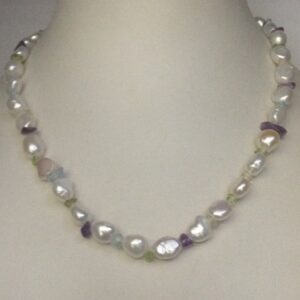 Freshwater White Oval Baroque Pearls Mala With Multicolour Semi Precious Amethyst/Citrine/Blue Topaz Chips JPM0283