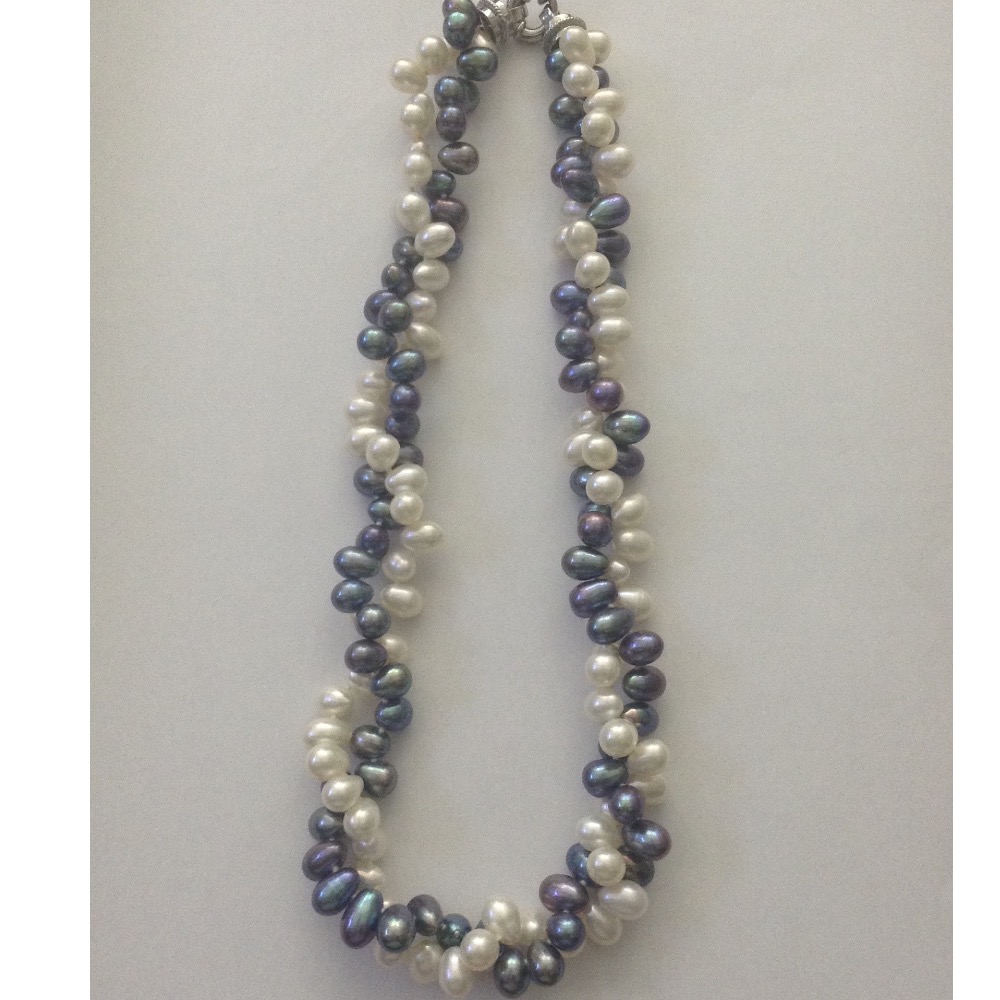 White And Grey Drop Pearls 2 Layers Twisted Necklace JPM0277