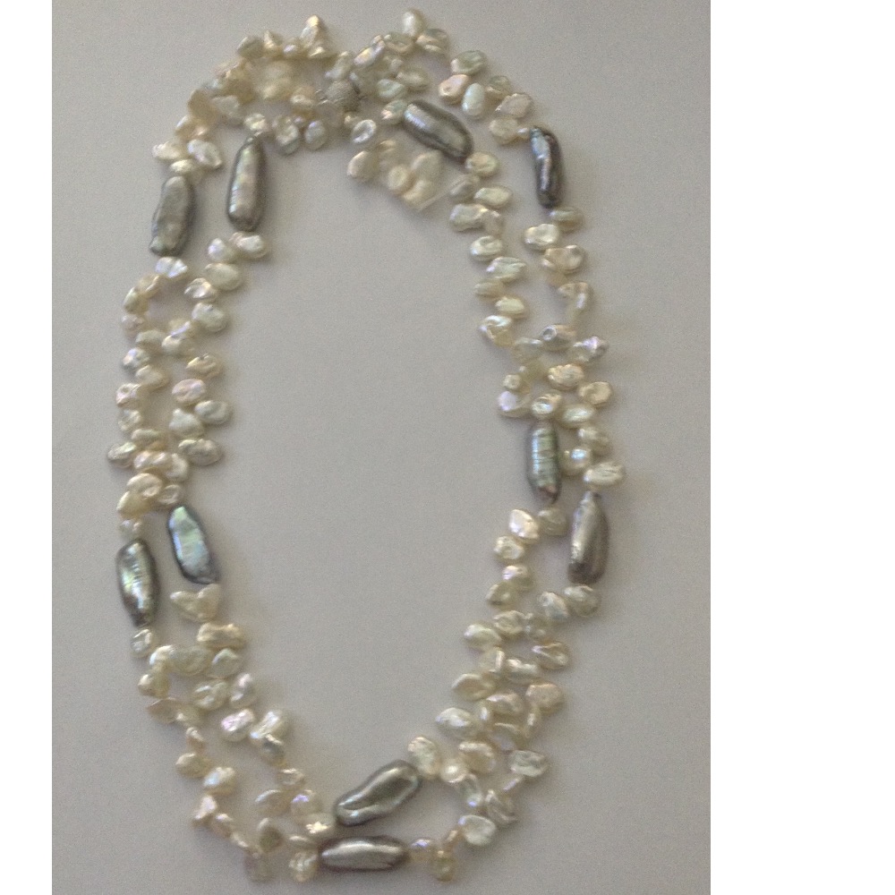White And Grey Chips Baroque Pearls Long Mala JPM0264