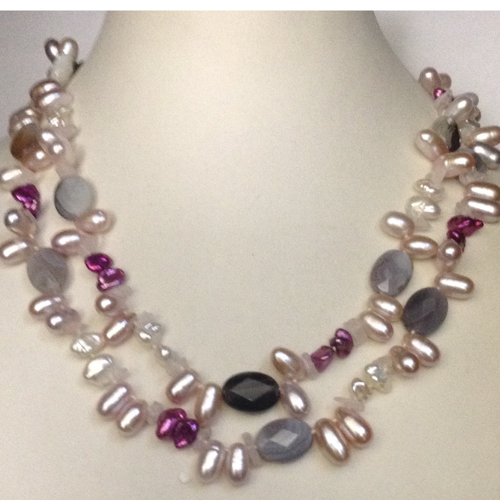 Pink Oval Pearls Necklace With Semi Precious Beeds JPM0265