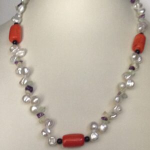 Freshwater White Chips Baroque Pearls Mala With Coral Drums and Amethyst/ Citrine/Peridot Chips JPM0267