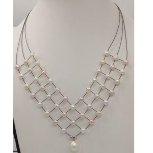Freshwater White Button Pearls 3 Layers Jaali Wire Necklace JPM0260
