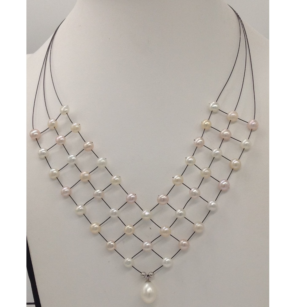 Freshwater White Button Pearls 3 Layers Jaali Wire Necklace JPM0260