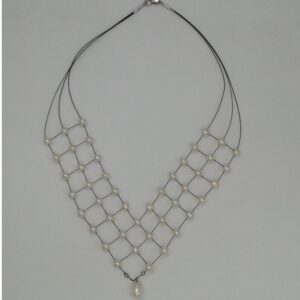 Freshwater White Button Pearls 3 Layers Jaali Wire Necklace JPM0260