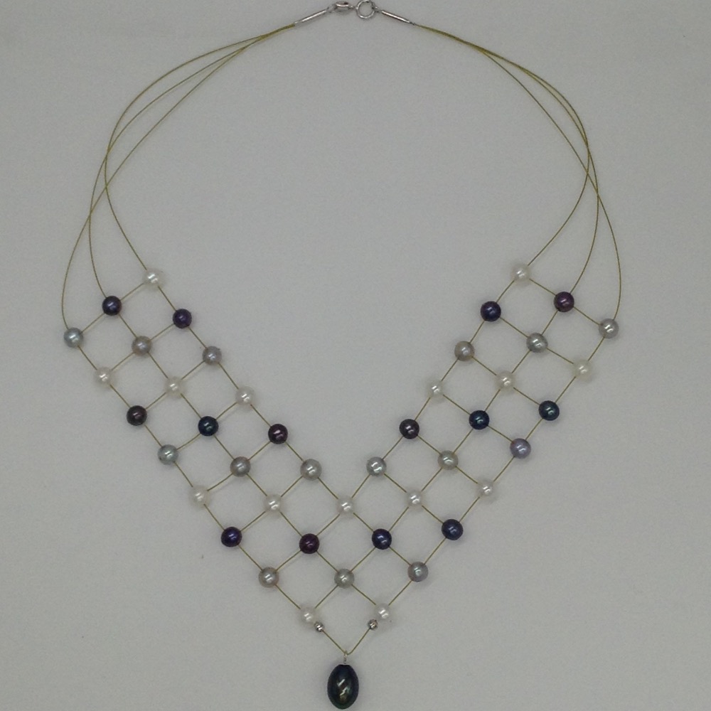 Freshwater Multicolour Potato Pearls 3 Layers Jaali Wire Necklace JPM0262