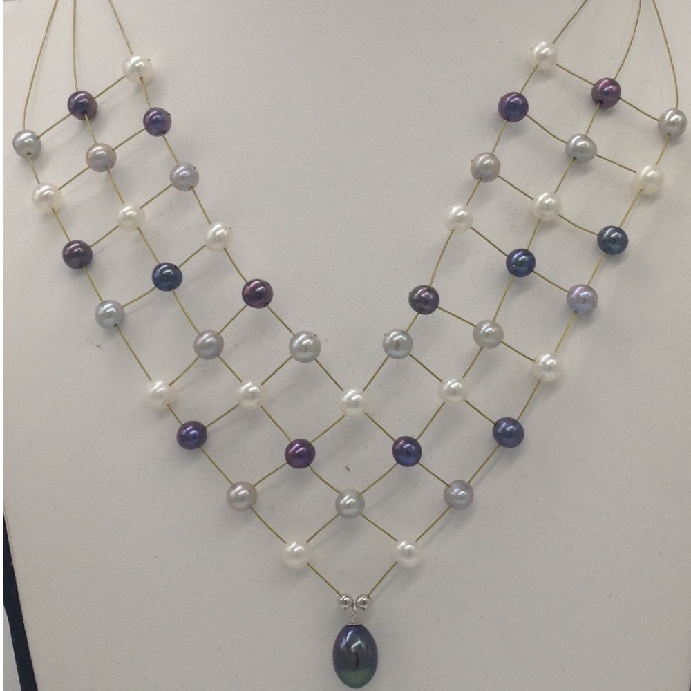 Freshwater Multicolour Potato Pearls 3 Layers Jaali Wire Necklace JPM0262