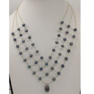 Freshwater Black Potato Pearls 3 Layers Jaali Wire Necklace JPM0261