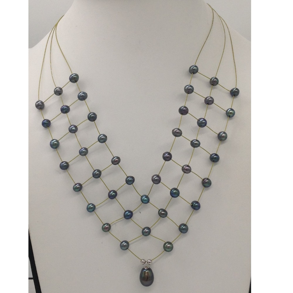 Freshwater Black Potato Pearls 3 Layers Jaali Wire Necklace JPM0261
