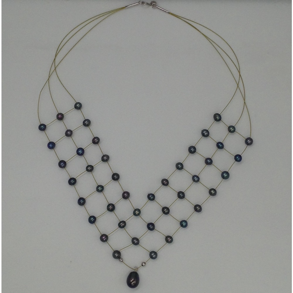 Freshwater Black Potato Pearls 3 Layers Jaali Wire Necklace JPM0261