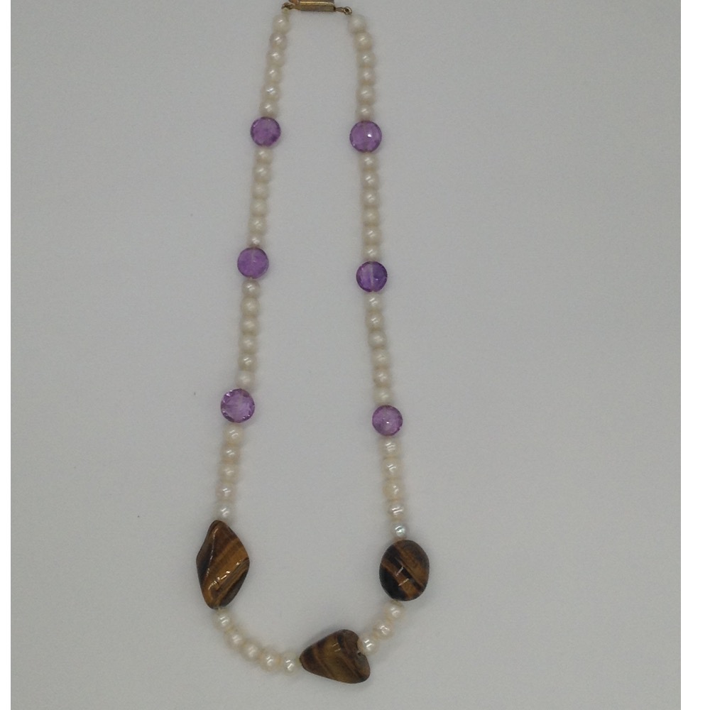 Freshwater White Potato Pearls Mala With Faceted Amethyst And Tigerstone Tumbles JPM0257 - Image 2