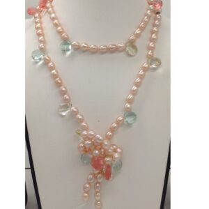 Pink Oval Pearls Long Mala With Faceted CZ Drops JPM0256