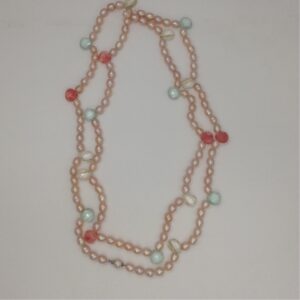 Pink Oval Pearls Long Mala With Faceted CZ Drops JPM0256