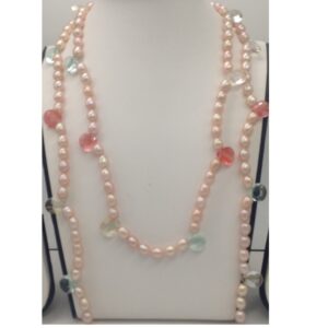 Pink Oval Pearls Long Mala With Faceted CZ Drops JPM0256