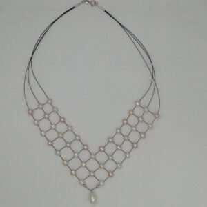 Freshwater White and Pink Button Pearls 3 Layers Jaali Wire Necklace