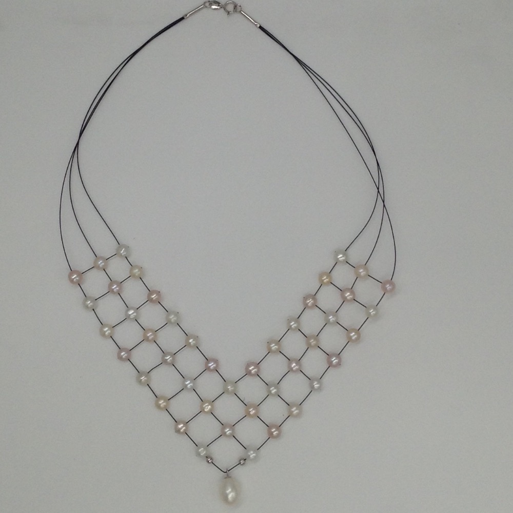 Freshwater White and Pink Button Pearls 3 Layers Jaali Wire Necklace - Image 2