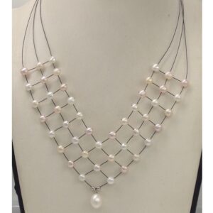 Freshwater White and Pink Button Pearls 3 Layers Jaali Wire Necklace