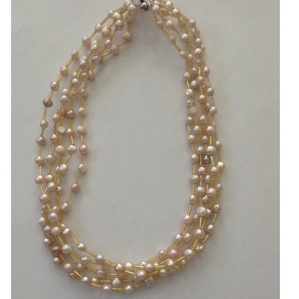 Freshwater Pink Button 5 Layers Pipe Twisted Necklace JPM0251