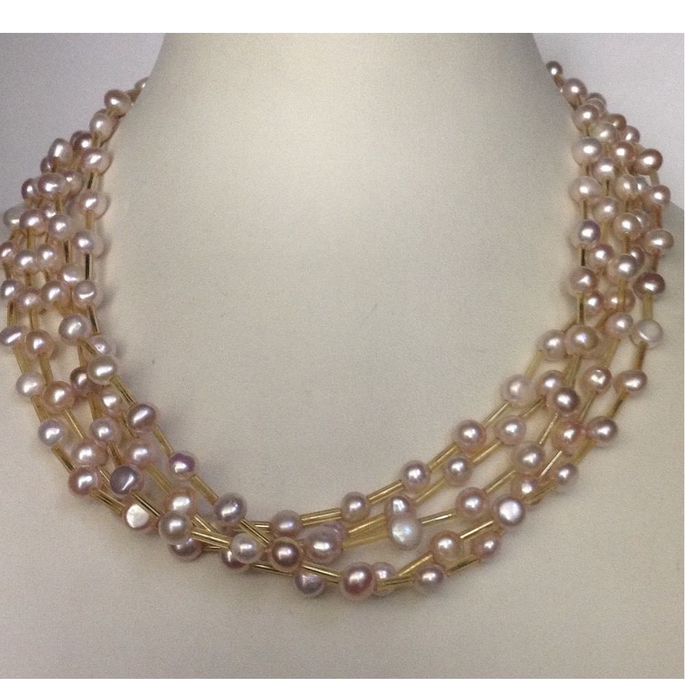 Freshwater Pink Button 5 Layers Pipe Twisted Necklace JPM0251