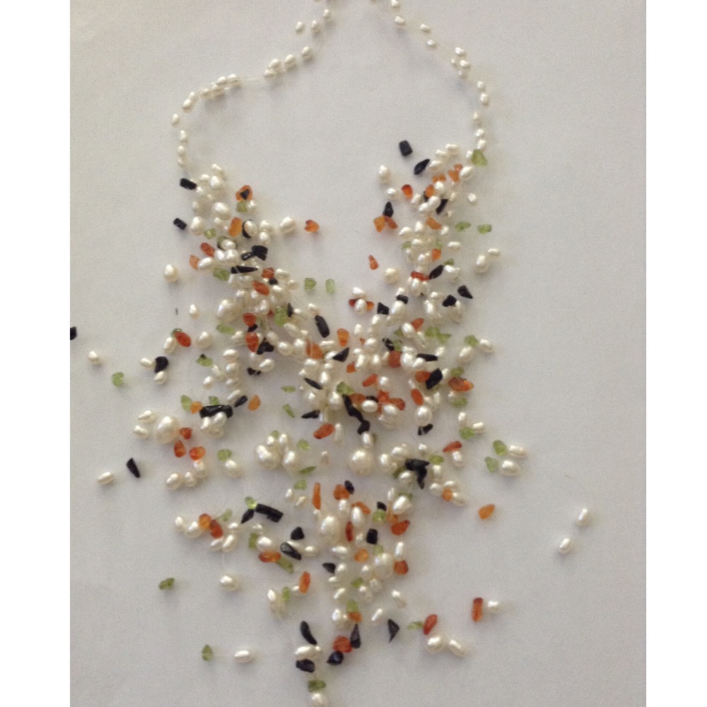 Freshwater White Oval Pearls Jhalar Wire Necklace with Multicolour Semi Precious Chips