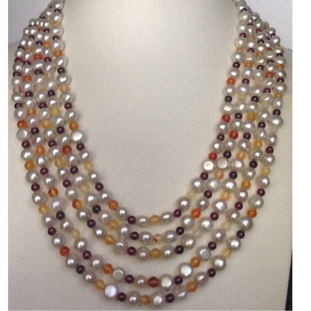 Cream Button Pearls Necklace With Semi Precious Beeds JPM0246