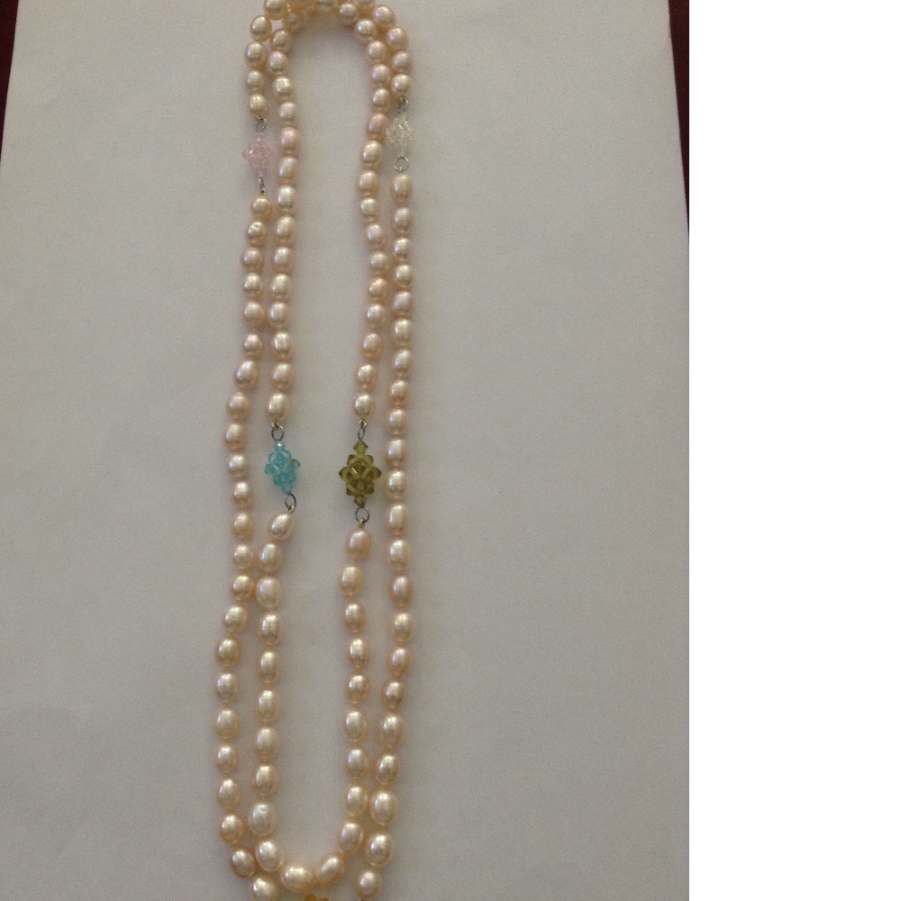 Orange Oval Pearls Long Mala With Multicolour Crystal JPM0245