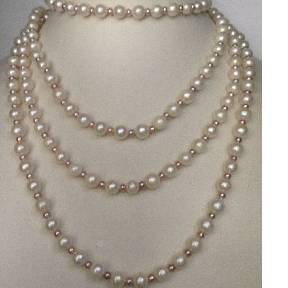 Freshwater White And Pink Round Pearls Long Mala JPM0243