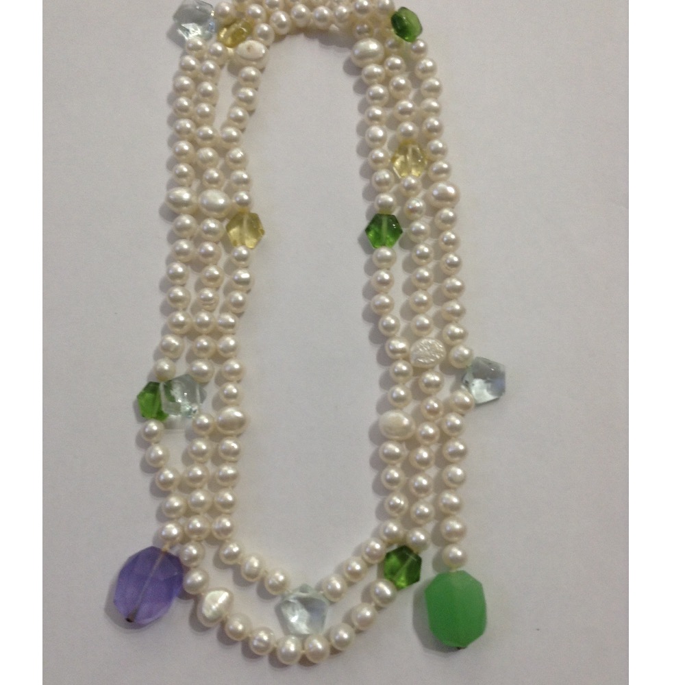 White Potato Pearls Long Mala With Semi Precious Beeds JPM0244