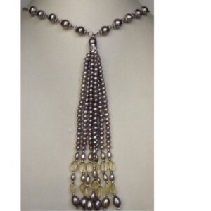Freshwater Grey Potato Pearls Fancy Silver Necklace With Oval Citrine Beeds
