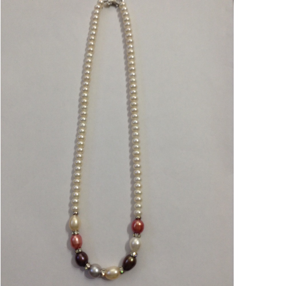 white flat pearls mala with multicolour pearls and cz chakri JPM0239 - Image 2