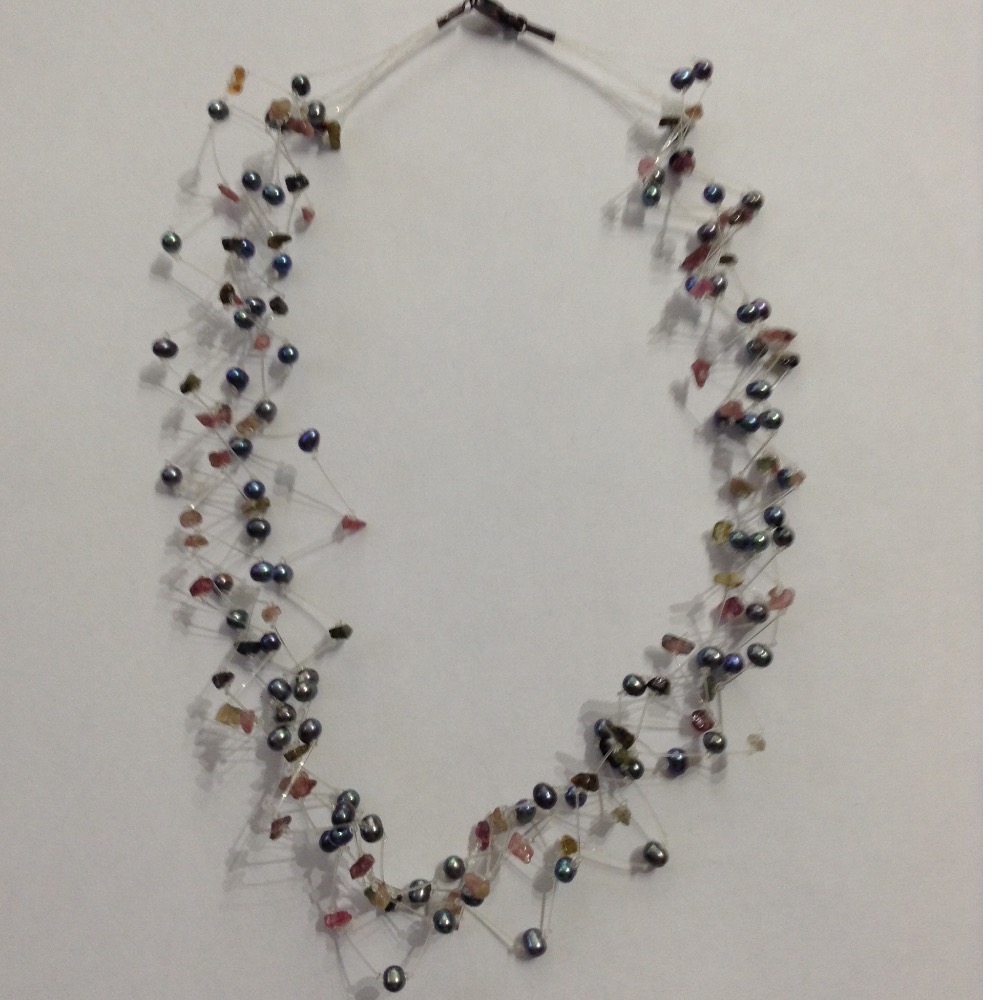 Freshwater Grey potato Pearls Wire ZIgZag Necklace with Semi Precious Chips - Image 2