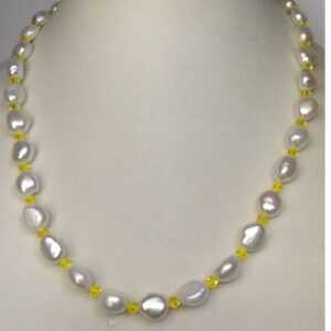 White Oval Baroque Pearls Mala With Yellow Crystals JPM0228