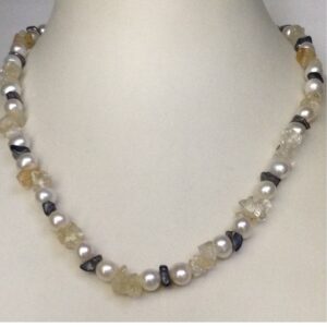 Freshwater White Potato Pearls Mala With Yellow Citrine and Gunmetal Chips JPM0225