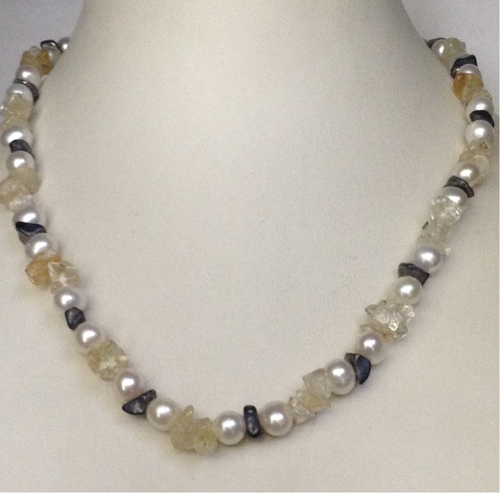 Freshwater White Potato Pearls Mala With Yellow Citrine and Gunmetal Chips JPM0225
