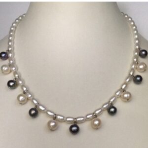 Freshwater white oval pearls mala with round pearls drops JPM0223