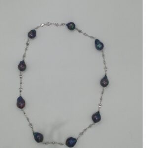 Freshwater Black Baroque Pearls White Alloy Chain Mala JPM0222