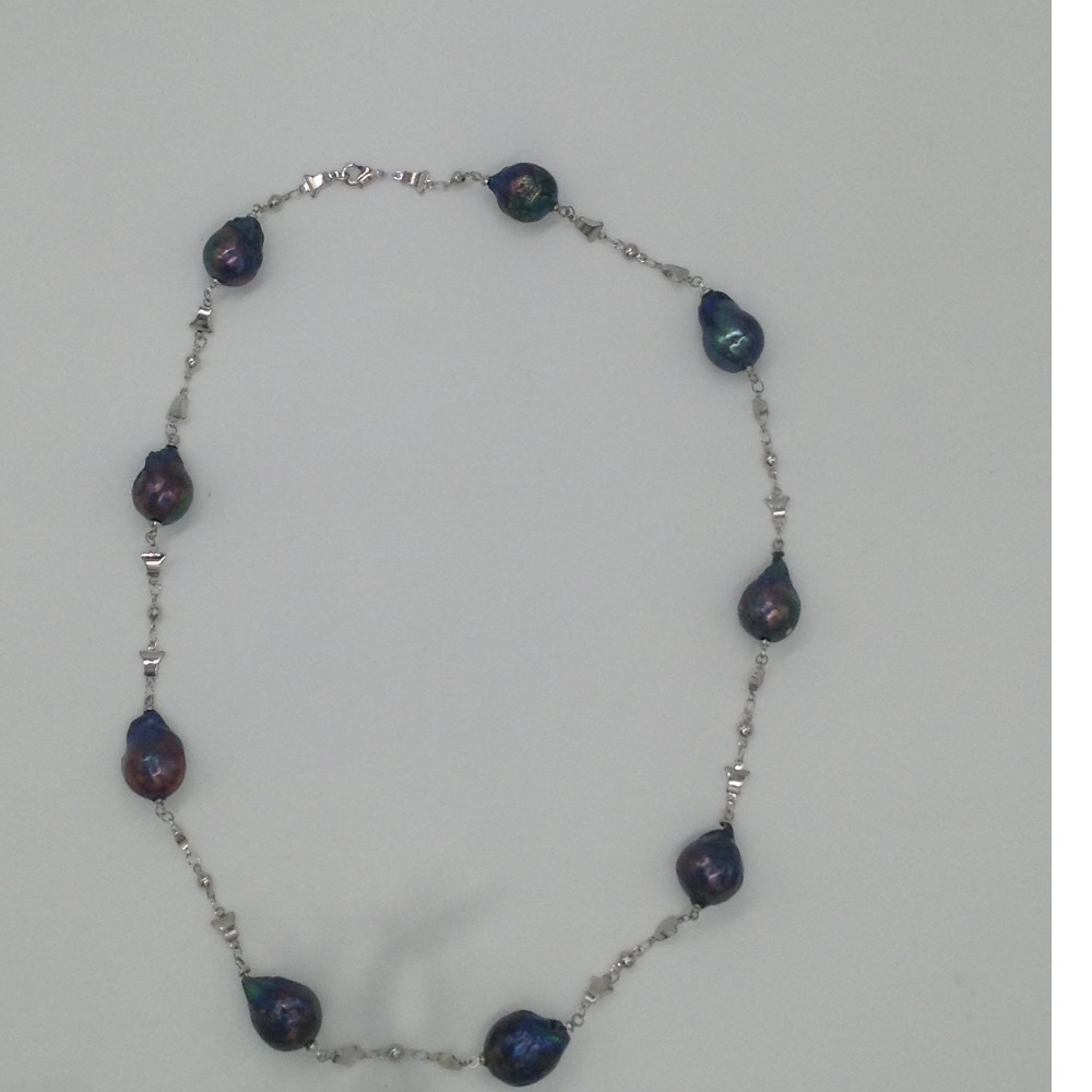Freshwater Black Baroque Pearls White Alloy Chain Mala JPM0222