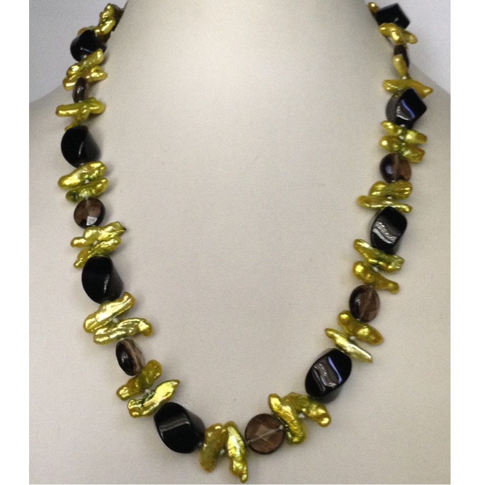 Freshwater Lemon Yellow Kaadi Baroque Pearls Mala With Faceted Smoky Topaz Beeds JPM0219