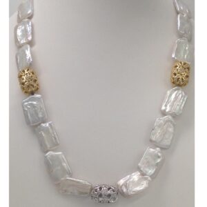 white Square Baroque Pearls Mala With Zircon Balls JPM0210