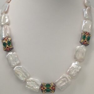 white Square Baroque Pearls Mala With Antique Pcs JPM0208